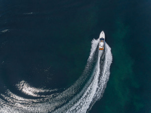 Aerial view of speed boat.